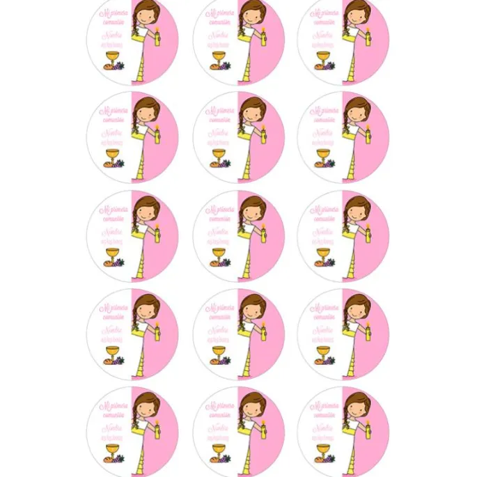 Papel de oblea - 15 diseños iguales en Círculos de 5 cm Nombre y fecha Mi primera comunión rosa - Impresión personalizada
