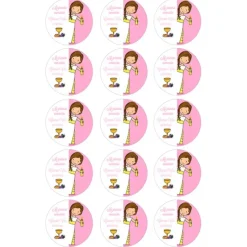 Papel de oblea - 15 diseños iguales en Círculos de 5 cm Nombre y fecha Mi primera comunión rosa - Impresión personalizada