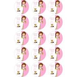 Papel de oblea - 15 diseños iguales en Círculos de 5 cm Nombre y fecha Mi primera comunión rosa - Impresión personalizada