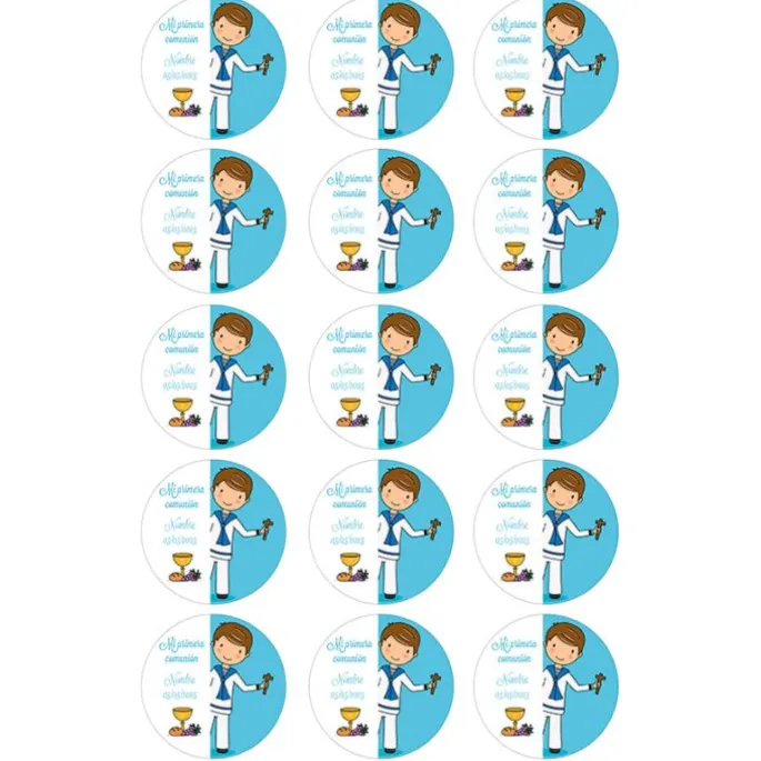 Papel de oblea - 15 diseños iguales en Círculos de 5 cm Nombre y fecha Mi primera comunión azul - Impresión personalizada
