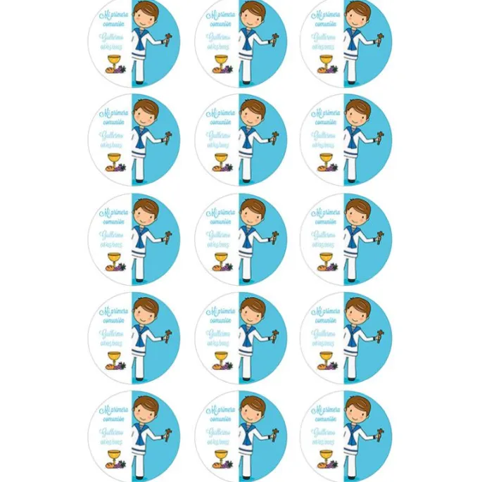 Papel de oblea - 15 diseños iguales en Círculos de 5 cm Nombre y fecha Mi primera comunión azul - Impresión personalizada