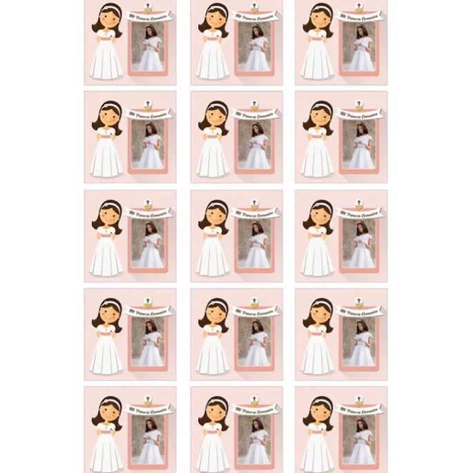 Papel de oblea - 15 diseños iguales en Cuadrados de 5 cm Mi primera comunión (rosa) con foto personalizada