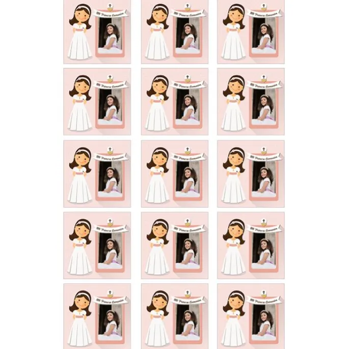 Papel de oblea - 15 diseños iguales en Cuadrados de 5 cm Mi primera comunión (rosa) con foto personalizada