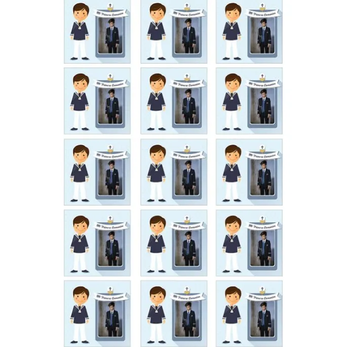 Papel de oblea - 15 diseños iguales en Cuadrados de 5 cm Mi primera comunión (azul) con foto personalizada