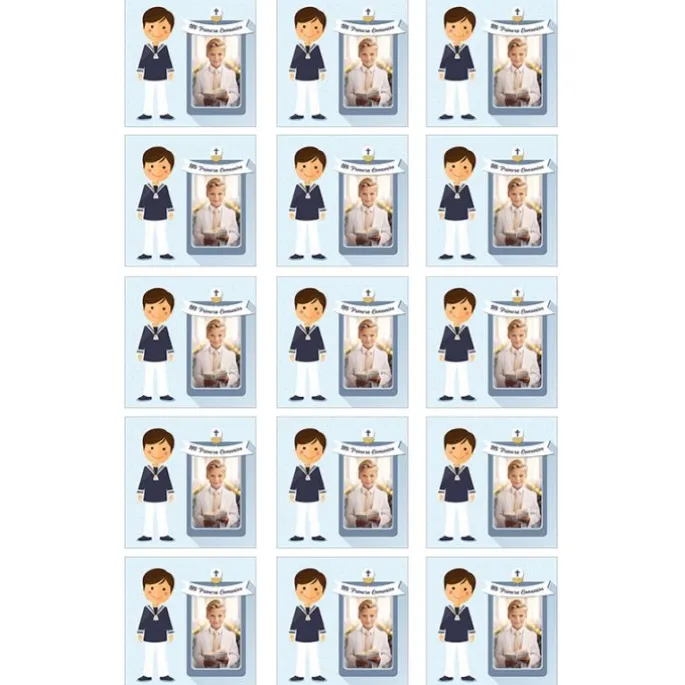 Papel de oblea - 15 diseños iguales en Cuadrados de 5 cm Mi primera comunión (azul) con foto personalizada