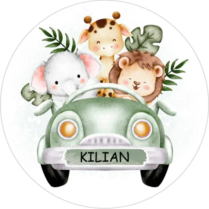 Papel de oblea - Nombre en coche animalitos selva 20 cm - Impresión personalizada