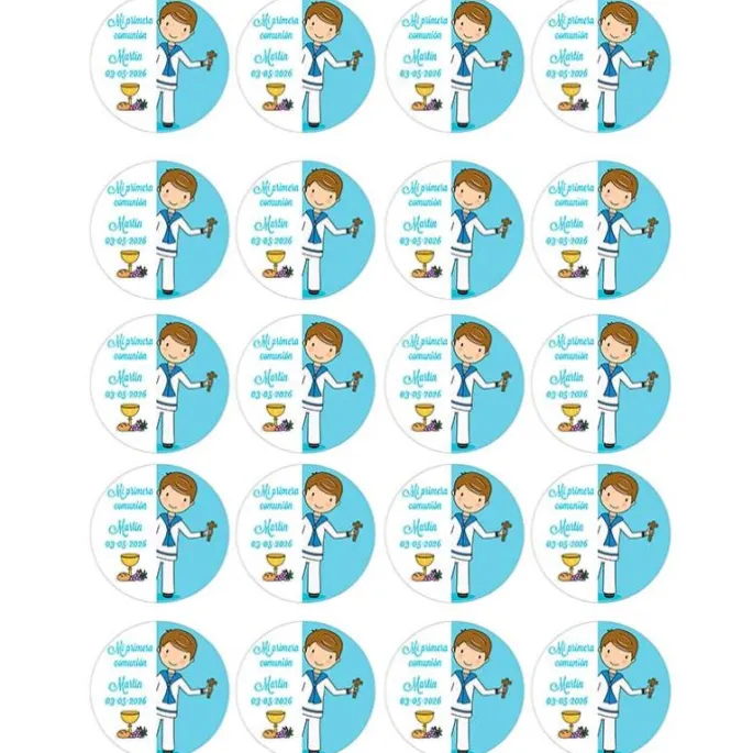 Papel multitransfer Mi primera comunión azul - 20 círculos iguales de 4,8 cm Nombre y fecha- Impresión comestible personalizada