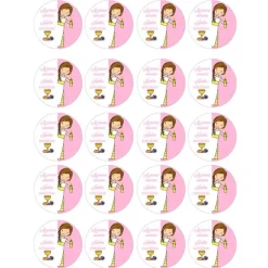 Papel multitransfer Mi primera comunión rosa - 20 círculos iguales de 4,8 cm Nombre y fecha- Impresión comestible personalizada