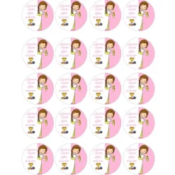 Papel multitransfer Mi primera comunión rosa - 20 círculos iguales de 4,8 cm Nombre y fecha- Impresión comestible personalizada