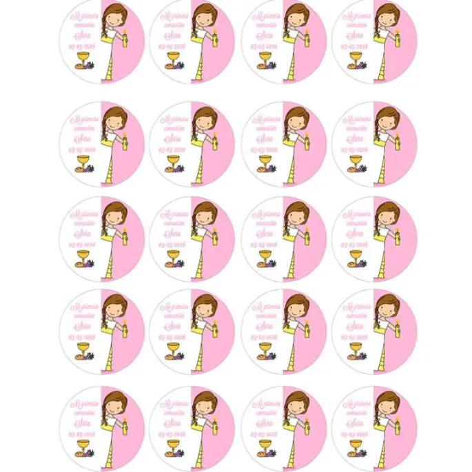 Papel multitransfer Mi primera comunión rosa - 20 círculos iguales de 4,8 cm Nombre y fecha- Impresión comestible personalizada