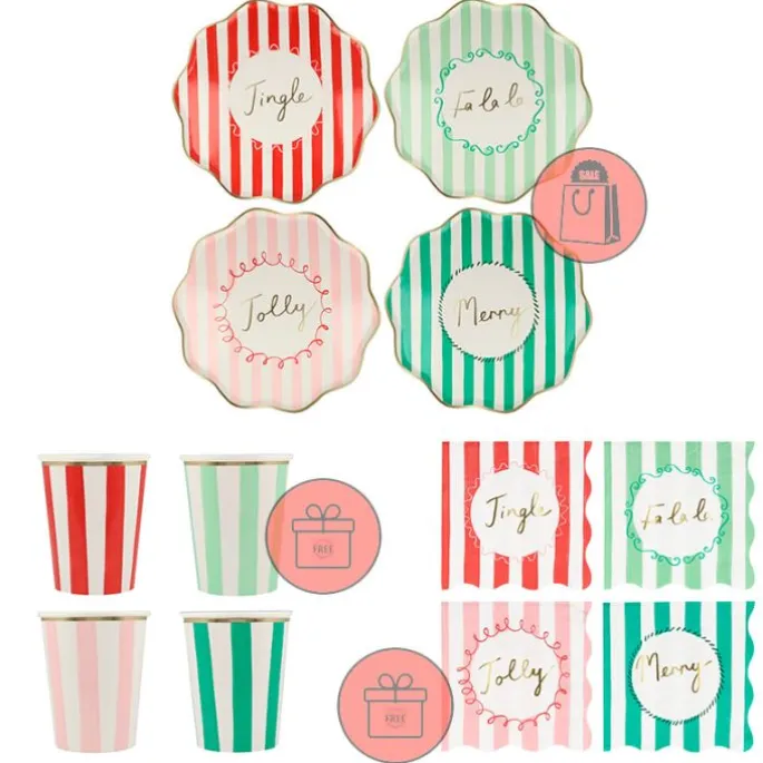 Platos con bordes ondulados rayas Navidad 21,5 cm (8) - Meri Meri + REGALO vasos y servilletas