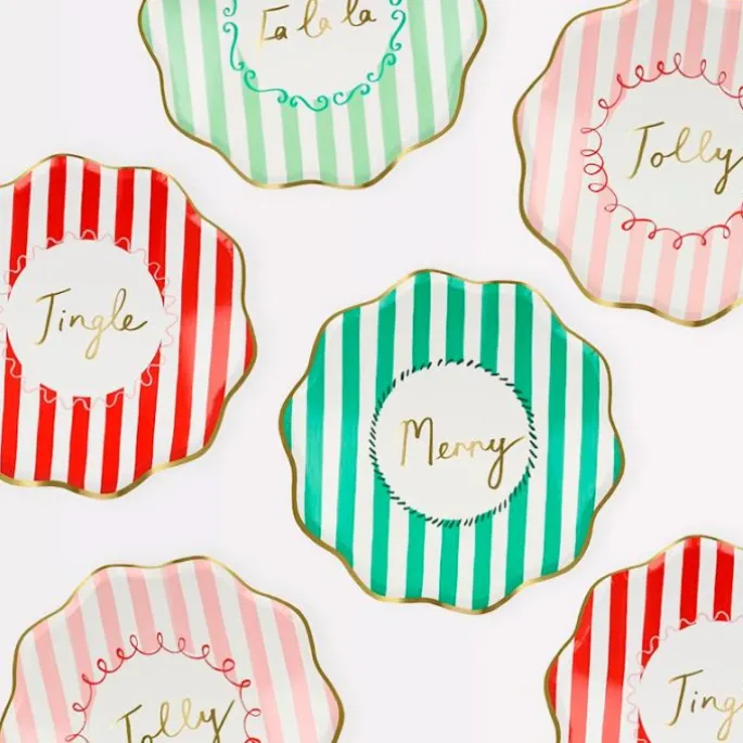 Platos con bordes ondulados rayas Navidad 21,5 cm (8) - Meri Meri + REGALO vasos y servilletas