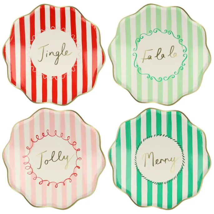 Platos con bordes ondulados rayas Navidad 21,5 cm (8) - Meri Meri + REGALO vasos y servilletas