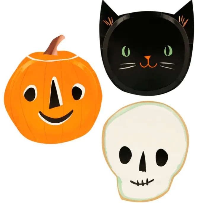 Platos de papel calabaza, calavera y gato Halloween 18 cm (8) - Meri Meri + REGALO servilletas