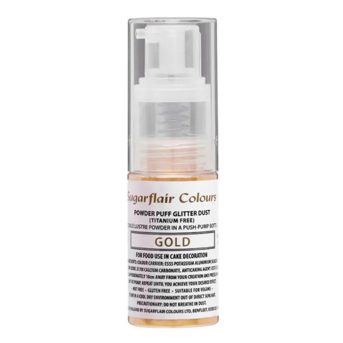 Spray de purpurina en polvo oro 10 g - Sin gluten - Sugarflair