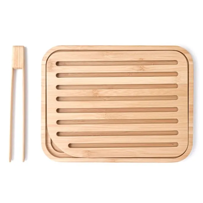 Tabla para cortar y servir con ranuras y pinzas 26 x 20 cm - Madera de bambú - Pebbly
