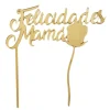 Topper Felicidades mamá con rosa acrílico dorado efecto espejo 17 cm