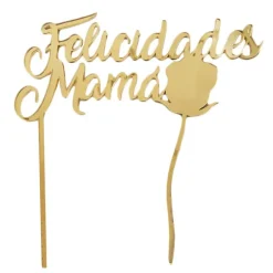 Topper Felicidades mamá con rosa acrílico dorado efecto espejo 17 cm