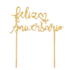 Topper Feliz Aniversario acrílico dorado efecto espejo 15 cm