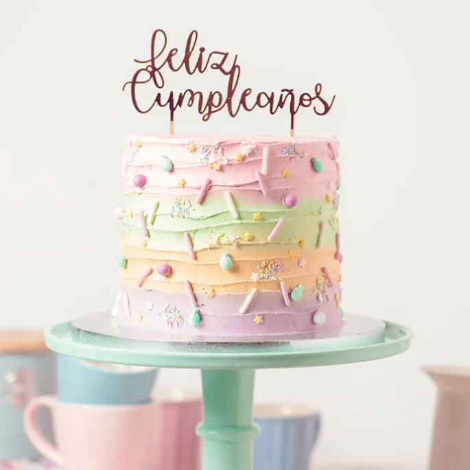 Topper Feliz cumpleaños acrílico dorado efecto espejo 17 cm