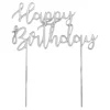 Topper Happy Birthday acrílico plateado efecto espejo 17 cm