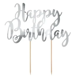 Topper Happy Birthday plateado 20 cm - PartyDeco