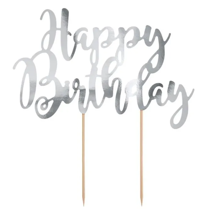 Topper Happy Birthday plateado 20 cm - PartyDeco