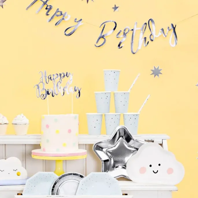 Topper Happy Birthday plateado 20 cm - PartyDeco