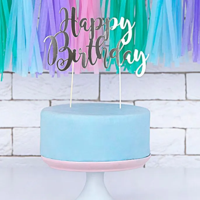 Topper Happy Birthday plateado 20 cm - PartyDeco