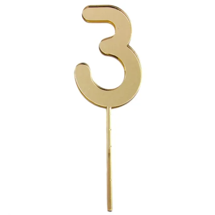 Topper número "3" acrílico dorado efecto espejo 8 cm