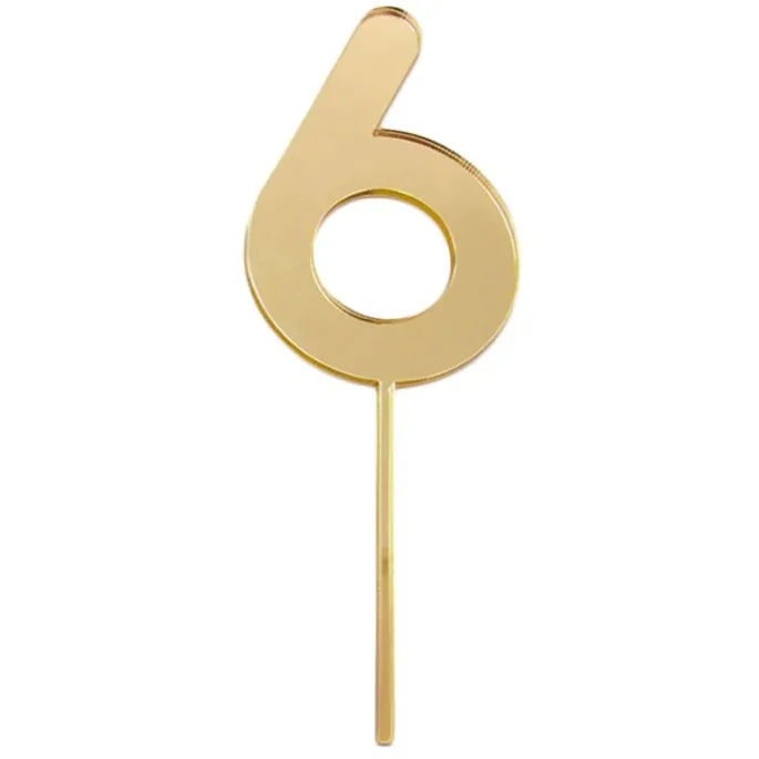 Topper número "6" acrílico dorado efecto espejo 8 cm