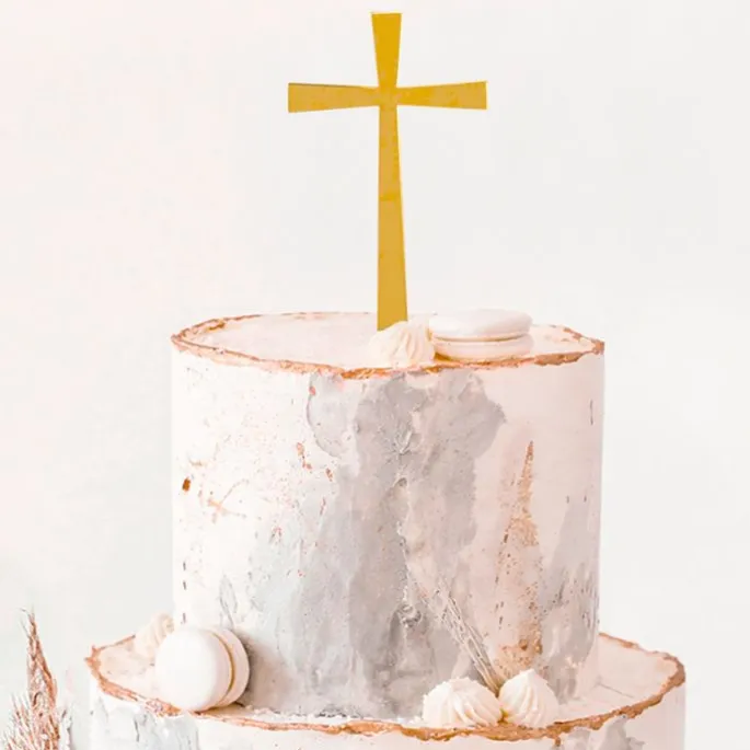 Topper para tartas dorado cruz comunión ancha 10 cm