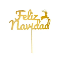 Topper para tartas dorado Feliz Navidad con reno 12 cm
