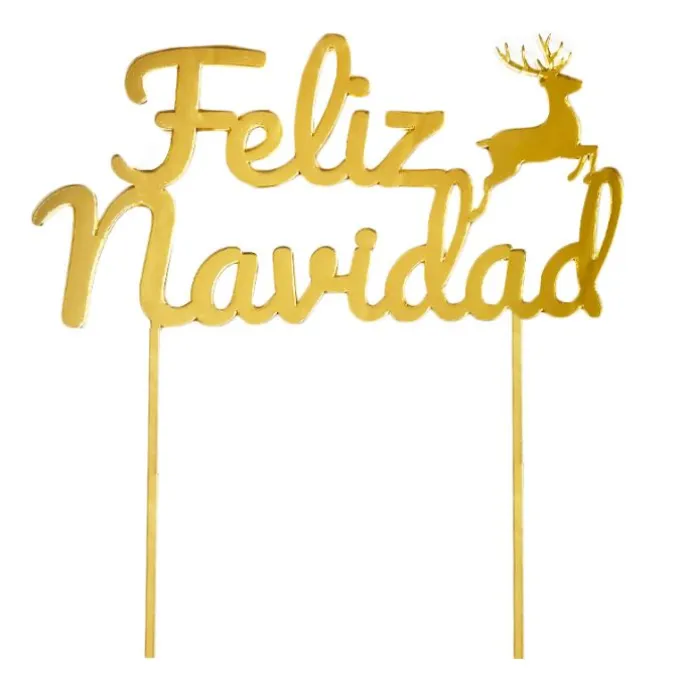 Topper para tartas dorado Feliz Navidad con reno 18 cm