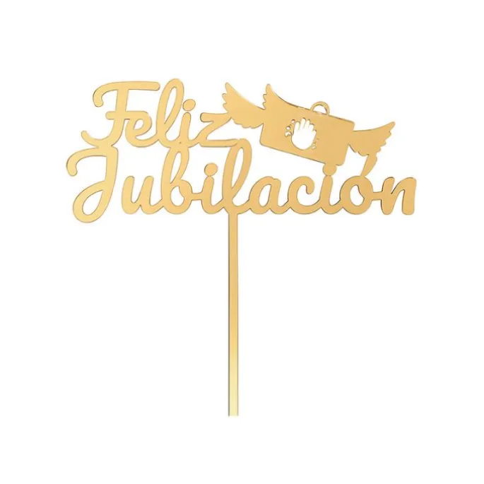 Topper para tartas dorado Feliz Jubilación con maletín 12 cm