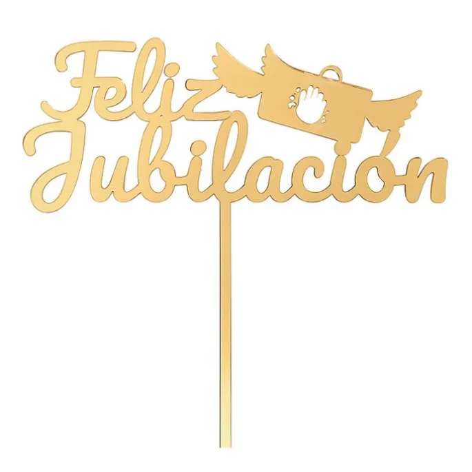 Topper para tartas dorado Feliz Jubilación con maletín 18 cm