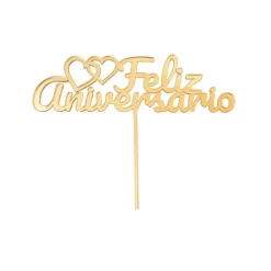 Topper para tartas dorado Feliz Aniversario con corazones 12 cm