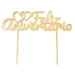 Topper para tartas dorado Feliz Aniversario con corazones 18 cm