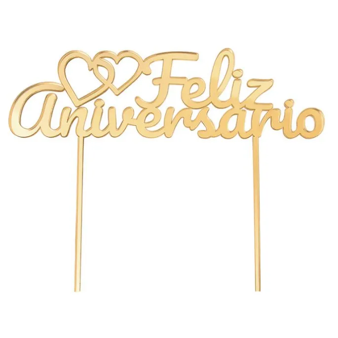 Topper para tartas dorado Feliz Aniversario con corazones 18 cm