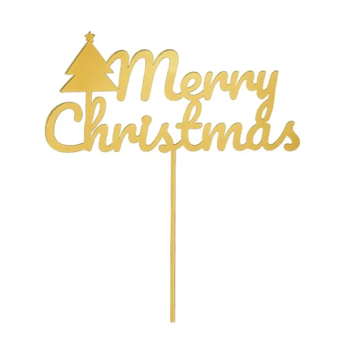 Topper para tartas dorado Merry Christmas con árbol 12 cm