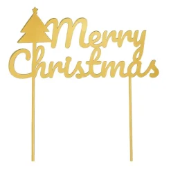 Topper para tartas dorado Merry Christmas con árbol 18 cm