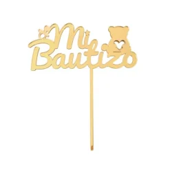 Topper para tartas dorado Mi Bautizo con osito y chupete 12 cm