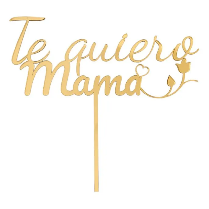 Topper para tartas dorado Te quiero Mamá con corazón y rosa 18 cm