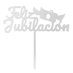 Topper para tartas plateado Feliz Jubilación con maletín 18 cm