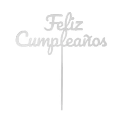 Topper para tartas plateado Feliz Cumpleaños 12 cm