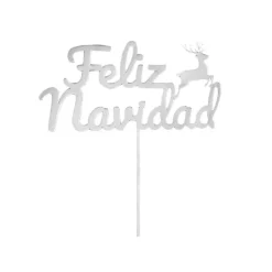 Topper para tartas plateado Feliz Navidad con reno 12 cm