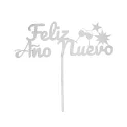 Topper para tartas plateado Feliz Año Nuevo 12 cm