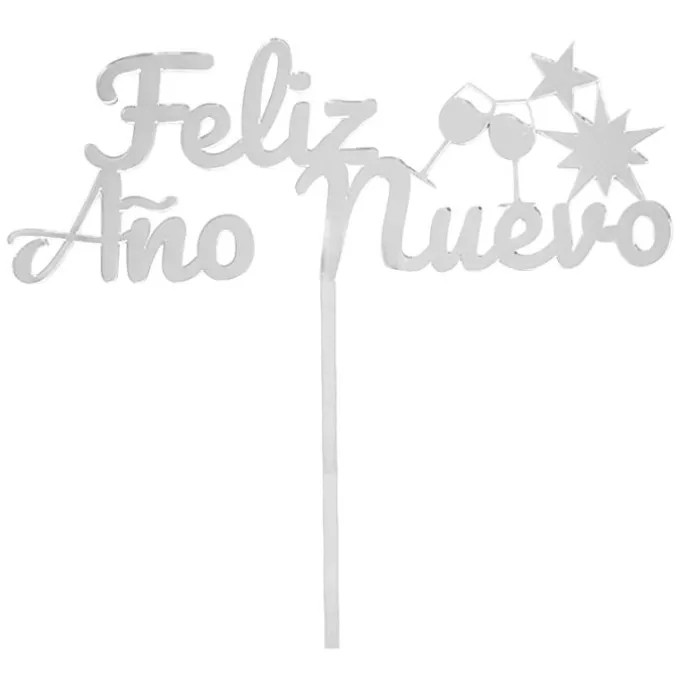Topper para tartas plateado Feliz Año Nuevo 18 cm