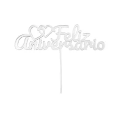 Topper para tartas plateado Feliz Aniversario con corazones 12 cm