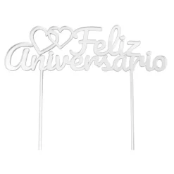 Topper para tartas plateado Feliz Aniversario con corazones 18 cm